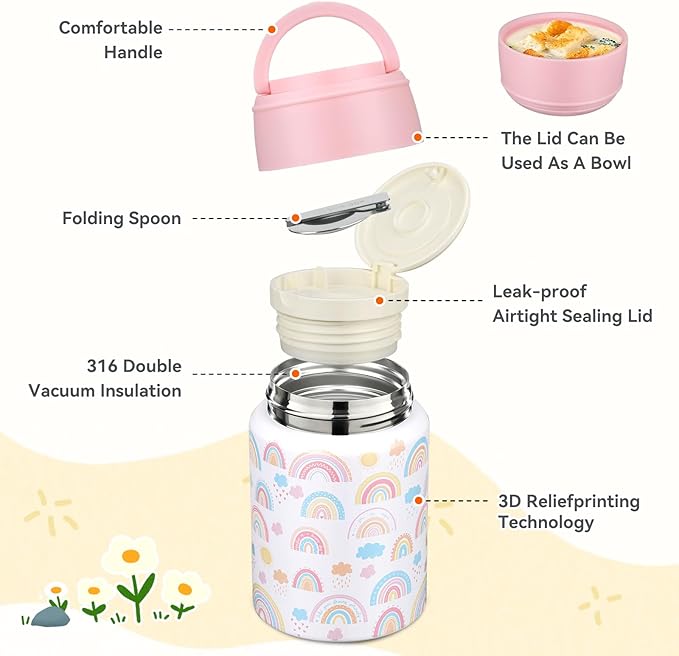 17oz Soup Thermo for Hot Food Kids Insulated Food Jar,Thermo Hot Food Lunch Container, Width Mouth Stainless Steel Lunch Box for Kids with Handle Folding Spoon(White - Little Rainbow)