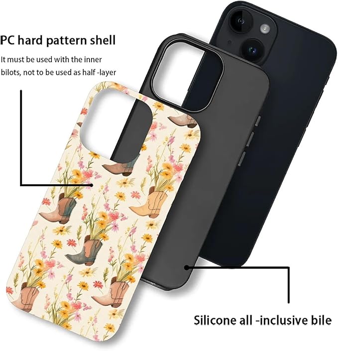 Case for iPhone 13 iPhone 14,Western Cowgirl for Woman Men Full Body Protective Cover Shockproof 2 in 1 Silicone + Hard PC Design Case