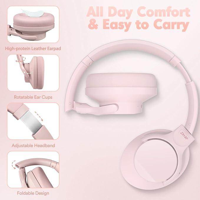 ZIHNIC Active Noise Cancelling Headphones, 60H Playtime Wireless Bluetooth Headset Low Latency-Pink