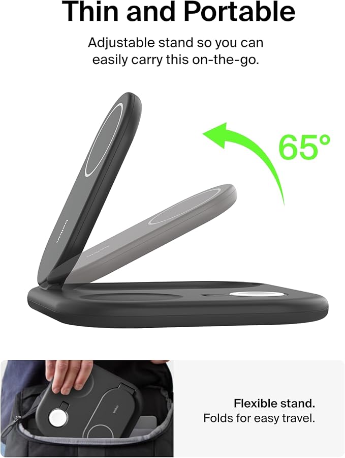 Belkin 3-in-1 MagSafe-Compatible iPhone Charger 15W, Foldable Magnetic Qi2-Certified Wireless Charging Station for iPhone 17, Apple Watch Series 10, AirPods 4, Pixel 10, w/Non-Slip Base & PSU - Black