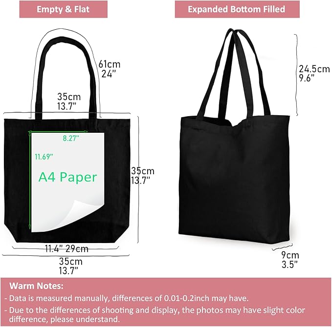 Koolmox Zippered Black Canvas Totes, 6-Pack 13.5x13.5'' Heavy Duty Natural Canvas Tote Bags with Handles, Reusable Grocery Bags for Crafting, Vinyl Print, Paint, Embroidery, Shopping, Book Bag