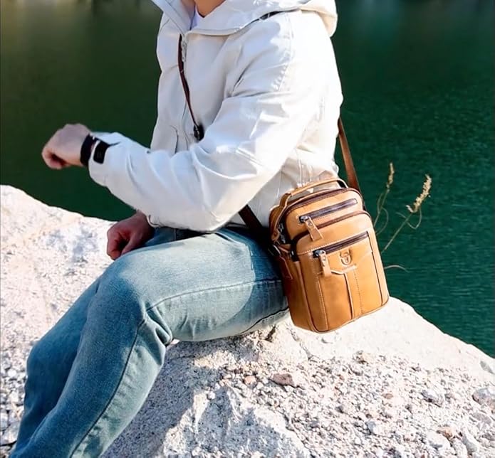 Leather Crossbody Bags for Men Casual Shoulder Bag Travel Messenger Bag Vintage Handbag Multi Pocket Satchel