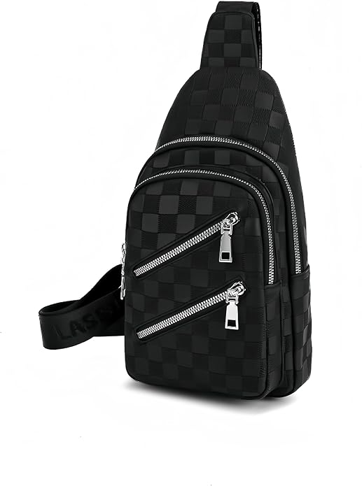 Checkered Black Leather Crossbody Bag for Women - Water Resistant Sling Bag, Adjustable Strap Chest Pack Fanny Pack