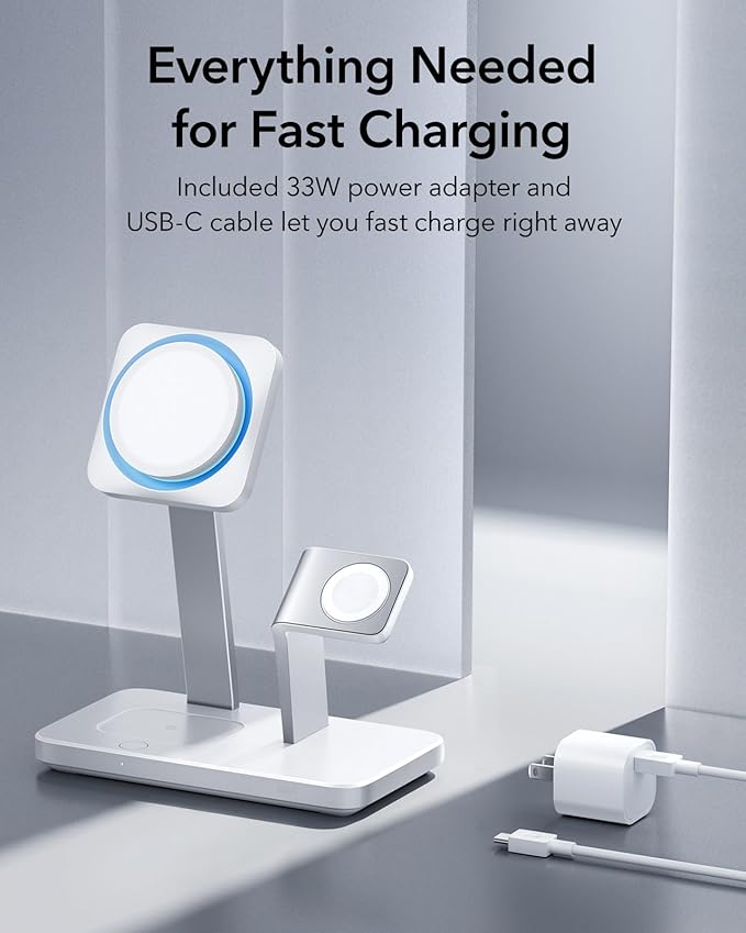 ESR 25W 3-in-1 Charger Stand for Magsafe, Made for Apple-Certified Magnetic Wireless Charger, 15W Charging Station for iPhone 17/16/15/14/13 Apple Watch/AirPods Pro, Phone-Cooling Charger, White