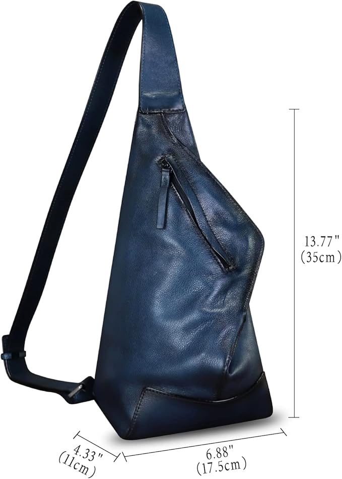 Genuine Leather Sling Bag for Men and Women Vintage Full Grain Leather Sling Purse Chest Daypack Over Shoulder Crossbody Bag (Navy)