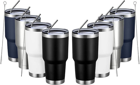 MEWAY 30oz Tumbler Double Wall Vacuum Insulated Travel Mug, Stainless Steel Tumbler with Lid, Durable Powder Coated Insulated Coffee Cup for Cold & Hot Drinks (MIX,8 PACK)