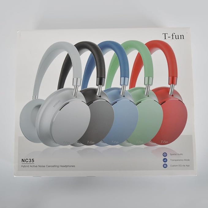 T-fun NC35 Hybrid Active Noise Cancelling Headphones, 360° Spatial Audio with Head Tracking, Over Ear Headphones Wireless Bluetooth 5.3, 55H ANC Playtime, Deep Bass, Custom EQ via App, for Travel Home