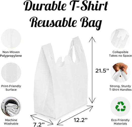 Simply Cool 50 Pack Reusable Eco-Friendly Grocery T-Shirt Shopping Bags 21.5"x12.2"x7.2" Durable, Recyclable Washable Foldable Portable Shopping Tote Bags Bulk