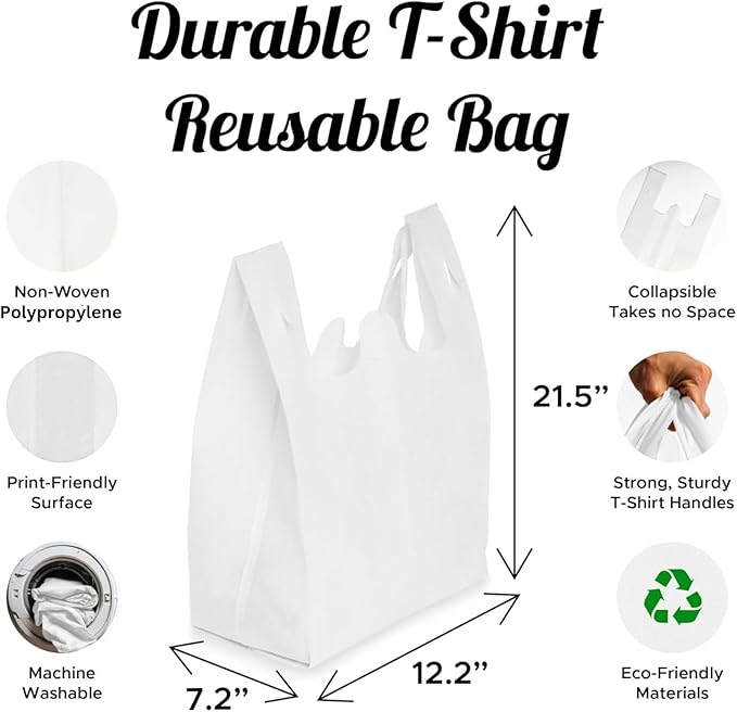 Simply Cool 450 Pack Reusable Eco-Friendly Grocery T-Shirt Shopping Bags 21.5"x12.2"x7.2" Durable, Recyclable Washable Foldable Portable Shopping Tote Bags Bulk