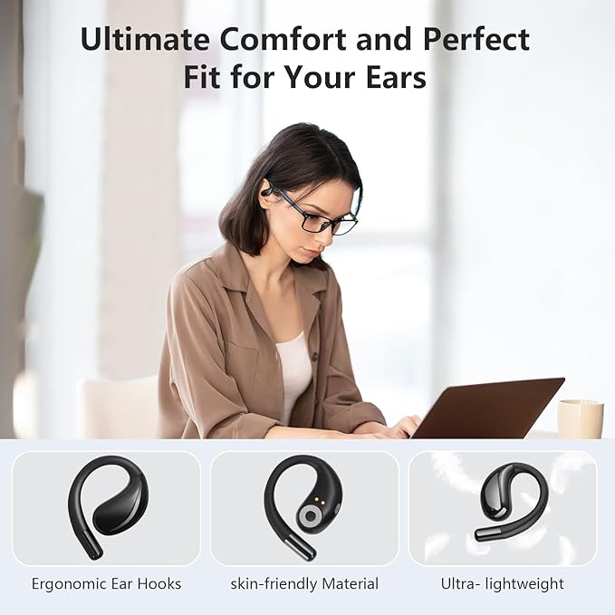 Open Ear Clip Wireless Earbuds Bone Conduction Headphones, Bluetooth 5.4, Open Ear Design, Built-in Mic, IPX5 Waterproof, LED Display Charging Case,Ear Hooks Ear Buds,Design for Running Fitness Black