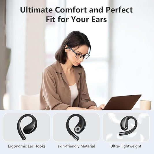 Open Ear Clip Wireless Earbuds Bone Conduction Headphones, Bluetooth 5.4, Open Ear Design, Built-in Mic, IPX5 Waterproof, LED Display Charging Case,Ear Hooks Ear Buds,Design for Running Fitness Black