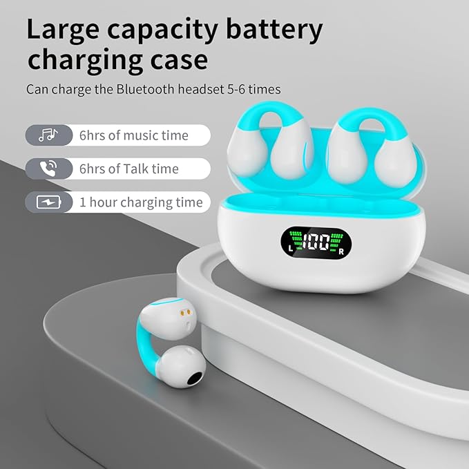 Clip On Earbuds, Bluetooth 5.3 Lightweight Comfort Bone Conduction Open Ear Headphones with LED Digital Display Charging Case Sport Built-in Mic IPX7 Waterproof for Running Fitness Android, Light Blue