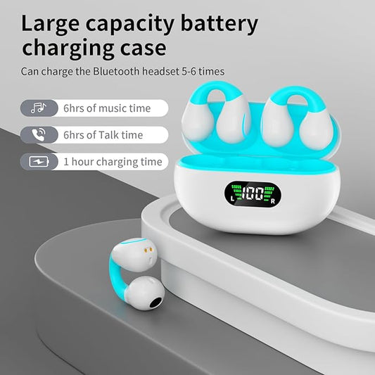 Clip On Earbuds, Bluetooth 5.3 Lightweight Comfort Bone Conduction Open Ear Headphones with LED Digital Display Charging Case Sport Built-in Mic IPX7 Waterproof for Running Fitness Android, Light Blue