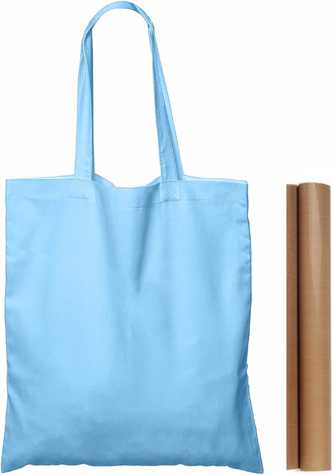 NPBAG 5 Pack 15'' X 16'' Baby Blue Cotton Tote Bags, Blank Bulk Cloth bags with 1pc of PTFE Teflon Sheet