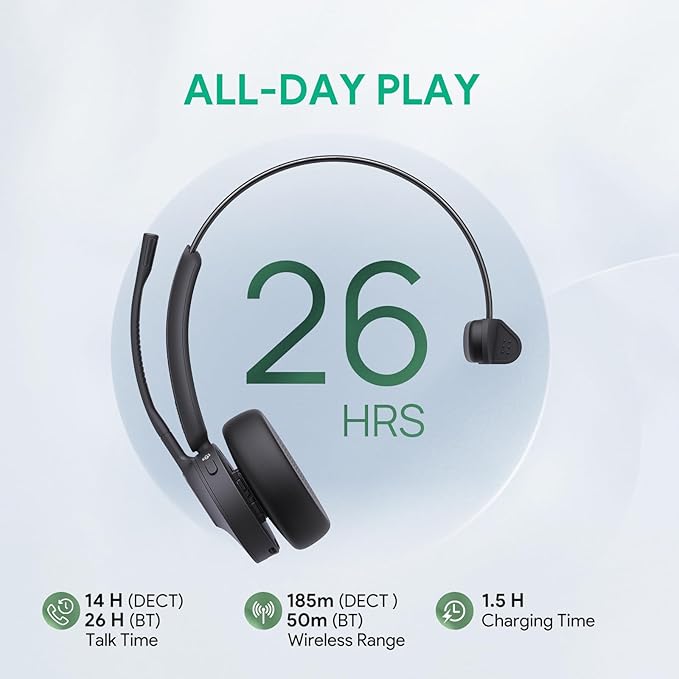 Yealink WH64 DECT & Bluetooth Mono UC Zoom Wireless Headset, 606 ft Range Single Ear Work Headphones with 3X Noise Cancelling Mic, 26H Talk Time, Ringer, Office Headsets for Desk Phone, PC,Cellphone