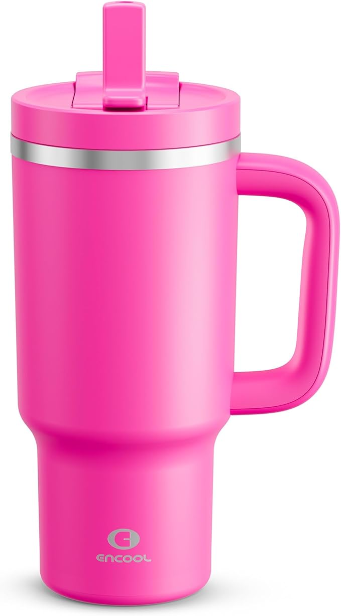 32 oz Tumbler with Handle and Straw: Stainless Steel Insulated Tumbler Keeps Cold for 24 Hours, Leakproof Travel Cup Fits in Cup Holder and BPA-Free, Persian Rose