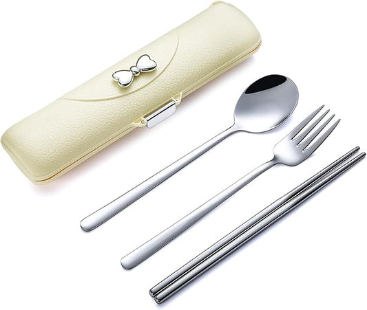 DEVICO Travel Silverware Set with Case, Portable Lunch Utensils Set for Work, Reusable Travel Cutlery Set, 18/8 Stainless Steel Flatware for Caming School Picnic, Dishwasher Safe (Light Yellow)