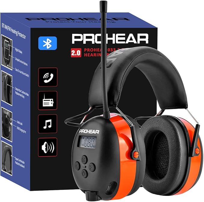 PROHEAR 033 2.0 Upgraded Bluetooth Hearing Protection AM FM Radio Headphones - 31SNR Noise Reduction Ear Muffs with Long-Lasting Stable Rechargeable Battery - 50 Hrs for Mowing Snowblowing - Orange
