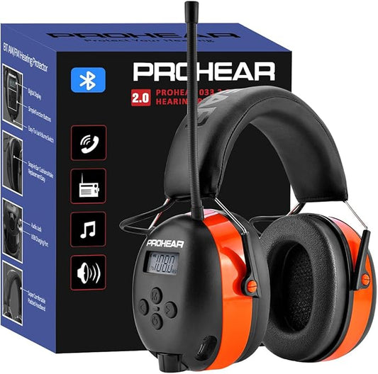 PROHEAR 033 2.0 Upgraded Bluetooth Hearing Protection AM FM Radio Headphones - 31SNR Noise Reduction Ear Muffs with Long-Lasting Stable Rechargeable Battery - 50 Hrs for Mowing Snowblowing - Orange