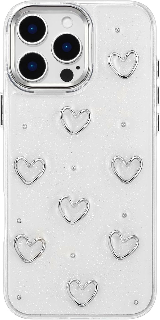 EYZUTAK Case for iPhone 16 Pro Max, Bling Glitter 3D Hearts Phone Case Cute Sparkly Crystal Clear Heart Aesthetic Design Case Slim Soft Durable TPU Transparent Protective Cover for Women Girls - Heart
