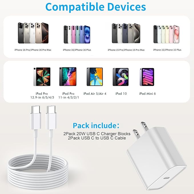iPhone 16 15 Fast Charger, 2Pack 10FT Long 60W USBC to USBC Cable 20W USBC Wall Charger Travel Plug Block for Apple iPhone 16/16 Plus/16 Pro/16 Pro Max/15/15 Plus/15 Pro/15 Pro Max, iPad Pro, iPad Air