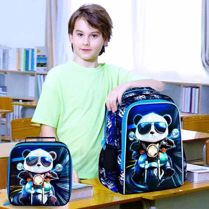 CCJPX 3PCS Backpack for Boys, 16 Inch Kids Panda Water Resistant Preschool Backpacks, Cool Kindergarten School Bookbag Set for Teen Travel