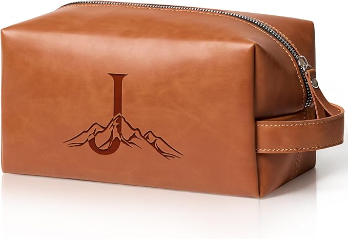 Personalized Gifts Travel Toiletry Bag for Men Engraved Initial PU Leather Waterproof Shaving Bag for Toiletries Accessories Fathers Day Birthday Gift for Men Dad Husband Son, Light Brown J