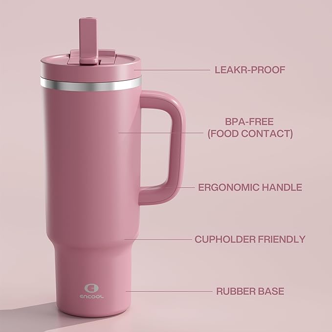 40 oz Tumbler with Handle and Straw: Stainless Steel Insulated Tumbler Keeps Cold for 24 Hours, Leakproof Travel Cup Fits in Cup Holder and BPA-Free, Turkish Rose