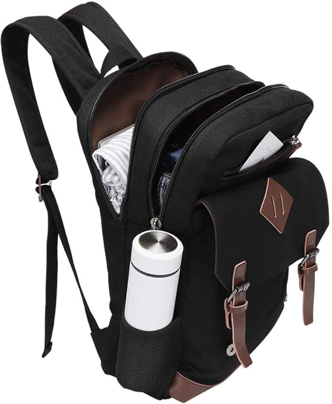 Canvas Backpack for Men Women, Vintage Rucksack Fits Most 15.6 Inch Laptop, Bookbag with USB Charging Port, Black