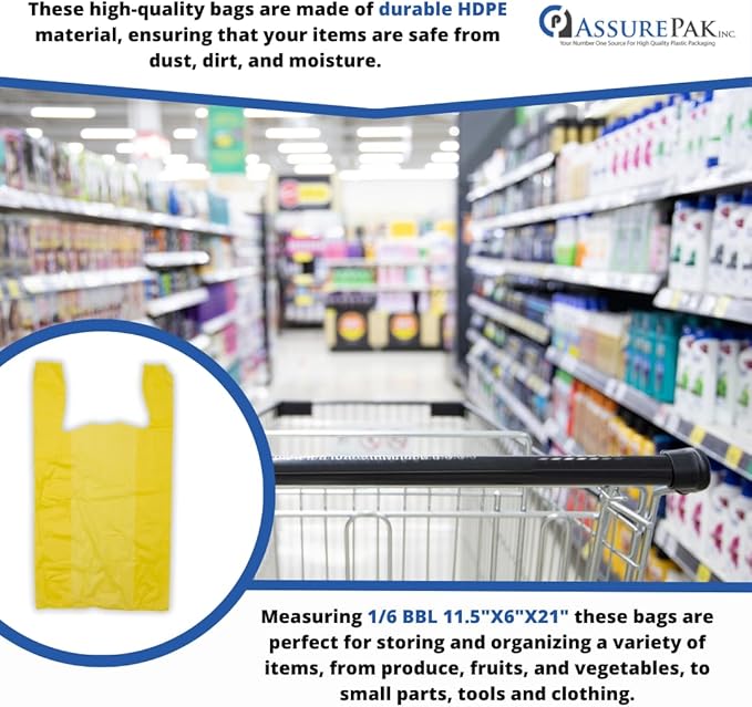 1000 Bags - Colored Unprinted HDPE T-Shirt Bags - 1/6 BBL 11.5"X6"X21" - 13 microns - Yellow - Perfect for Groceries, Shopping, Boutique Bags and Retail Stores LOOP-YELLOW