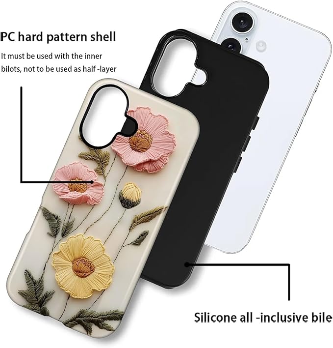 Case for iPhone 16 Case,Faux Embroidery Boho Floral Design - Hybrid Dual Protection Silicone + Hard PC Shockproof Full Body Cover Slim Anti-Scratch Protective Case for Men Women
