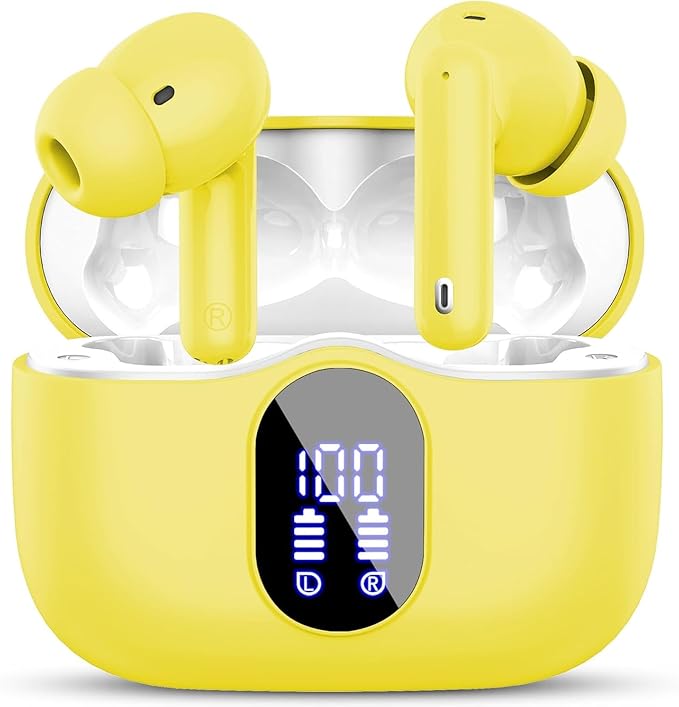 Wireless Earbuds, Bluetooth 5.4 Headphones Bass Stereo, Ear Buds with Noise Cancelling Mic LED Display, IP7 Waterproof in Ear Earphones, 36H Playtime for Laptop Pad Phones Sports Workout, Yellow