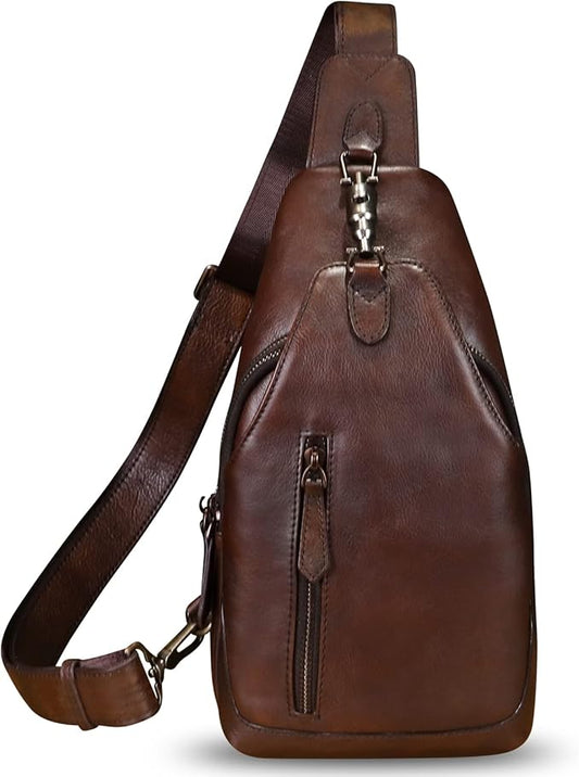 Genuine Leather Sling Bag for Men and Women Real Leather Shoulder Crossbody Bag Chest Bag Sling Backpack Purse