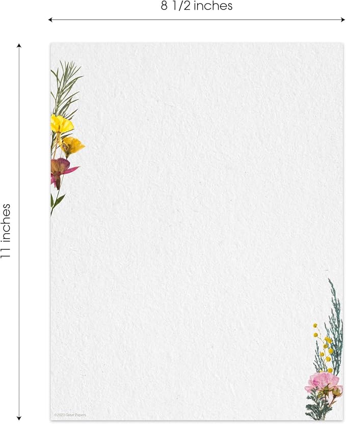 Pressed Flower Letterhead / 50 Sheets / 8.5" x 11" Trendy Event Baby Shower Bridal Shower Wedding Paper/All Occasion Floral Decorative Stationery