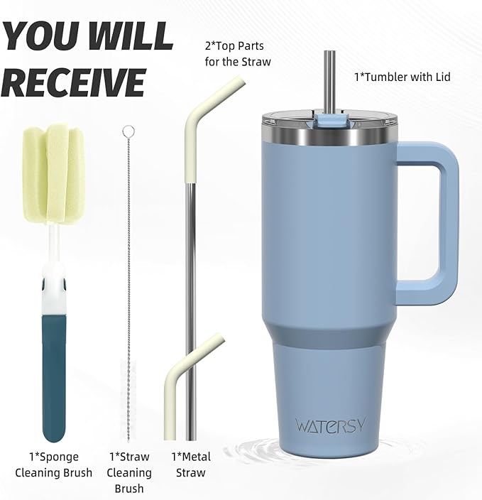 40 oz Tumbler with Handle,Tumbler with Lid and Straw,Double Wall Insulated Cup Stainless Steel Travel Mug(Cold for 34 Hours),Water Bottle for Iced Tea,Coffee,Cold Beverages(Smog Blue)