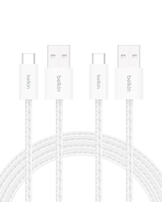 Belkin USB A to USB C Cable 2-Pack, 6.6ft, 15W - Type C Charger, iPhone Charger Cord, Soft, Braided, Flexible for iPhone 17 & 16, Galaxy S25, Pixel 10, iPad Pro, Airpods Pro, Switch & More - White