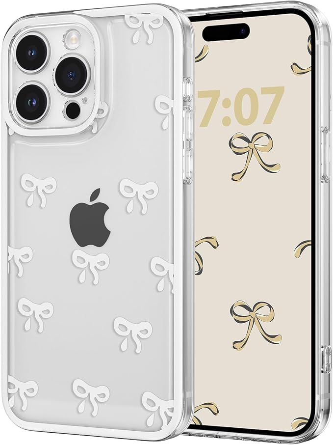 EYZUTAK Case for iPhone 12 Pro, Clear Cute Ribbon Bowknot Pattern Aesthetic Transparent Phone Case Raised Camera Protection Stylish Slim Soft Durable TPU Protective Cover for Women Girls - White
