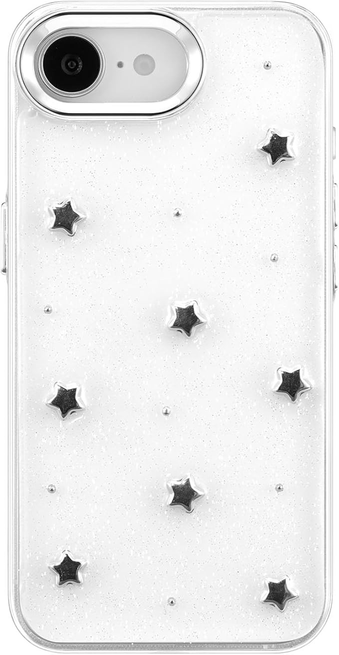 EYZUTAK Case for iPhone 16e, Bling Glitter 3D Stars Phone Case Cute Sparkly Crystal Clear Star Aesthetic Design Cover Slim Soft Durable TPU Transparent Protective Cover for Women Girls - Star