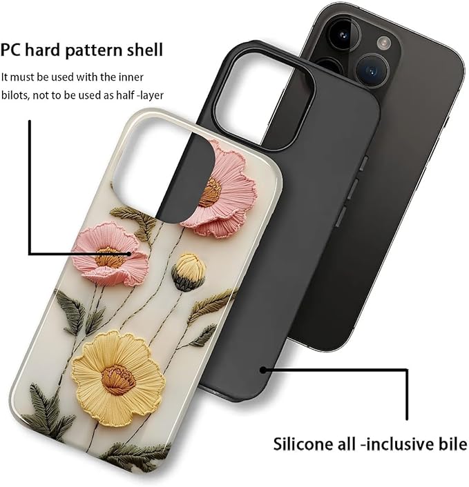 Case for iPhone 11 Pro Max Case,Faux Embroidery Boho Floral Design - Hybrid Dual Protection Silicone + Hard PC Shockproof Full Body Cover Slim Anti-Scratch Protective Case for Men Women