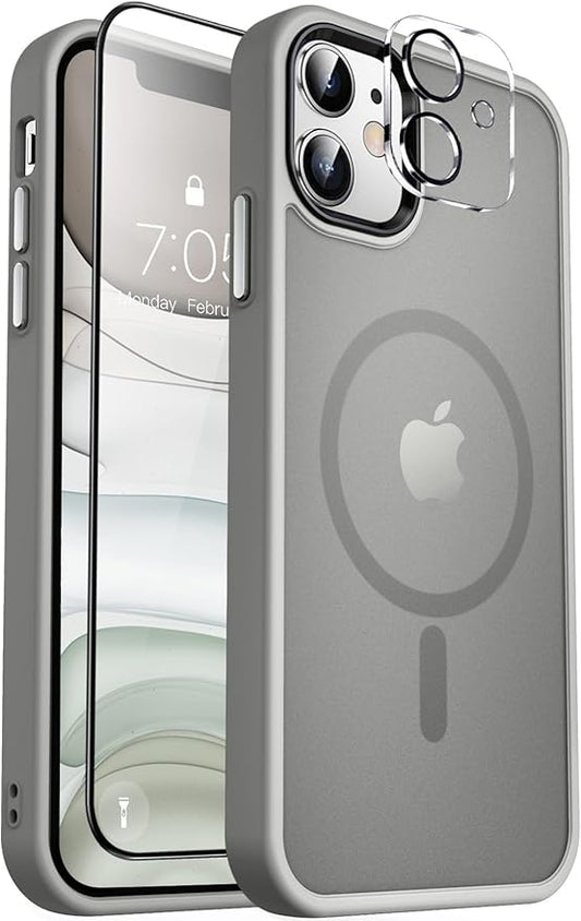 MOCCA Strong Magnetic for iPhone 11 Phone Case,[Compatible with Magsafe][Glass Screen Protector+Camera Lens Protector] Slim Thin Shockproof Cover Case for iPhone 11 6.1 inch, Titanium Gray