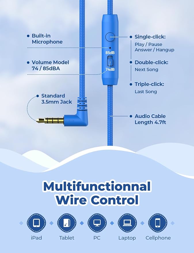 iClever Kids Headphones for School Travel, Safe Volume Limited, HD Mic Stereo Sound Over-Ear Girls Boys Headphones for Kid, FunShare Foldable 3.5mm Wired for iPad Computer, HS19