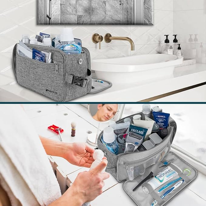 PAVILIA Toiletry Bag for Men, Travel Essentials Shaving Dopp Kit, Mens Travel Bag Toiletries Organizer Case for Grooming, PU Leather Water Resistant Cosmetic Bag Pouch (XL, Heather Grey)