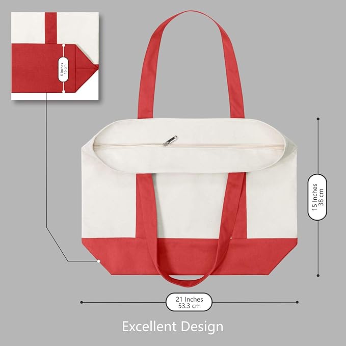 TOPDesign 1-Pack Canvas Tote Bag with an External Pocket, Reusable Grocery Shopping Bag, Top Zipper Closure, Daily Essentials (Red/Natural)