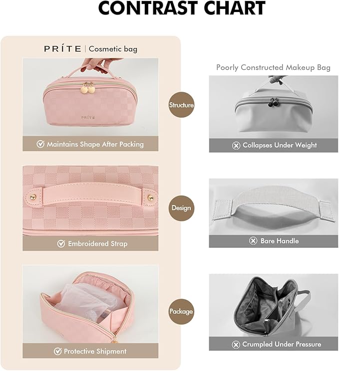 Prite Makeup Bag for Women Travel Waterproof Vegan Leather Cosmetic Bag Open Flat Toiletry Bag With Clear Divider and Handle (Plaid Pink)