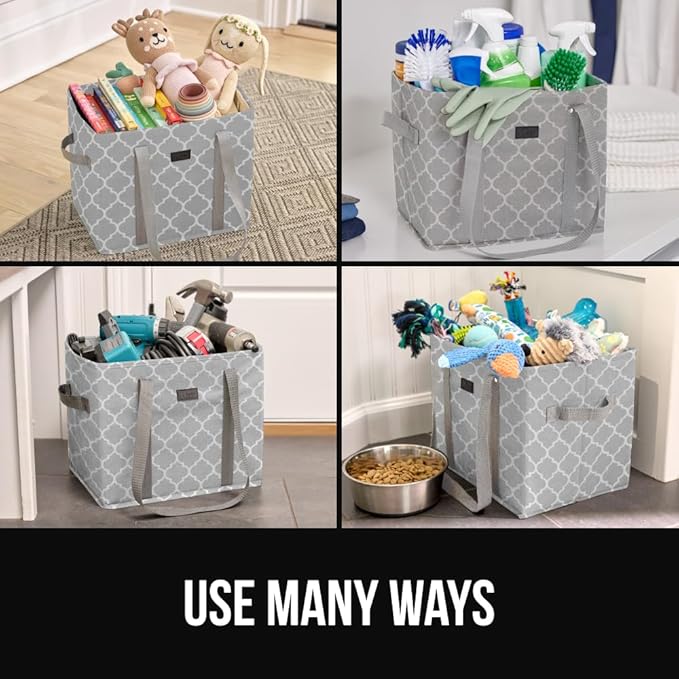 GORILLA GRIP Heavy Duty Foldable Reusable Grocery Bags, 3 PK, Tear Resistant Box Shape Shopping Tote with Reinforced Handles, Grip Feet, Easily Carry and Transport Groceries, 13x10x11, Quatrefoil Gray