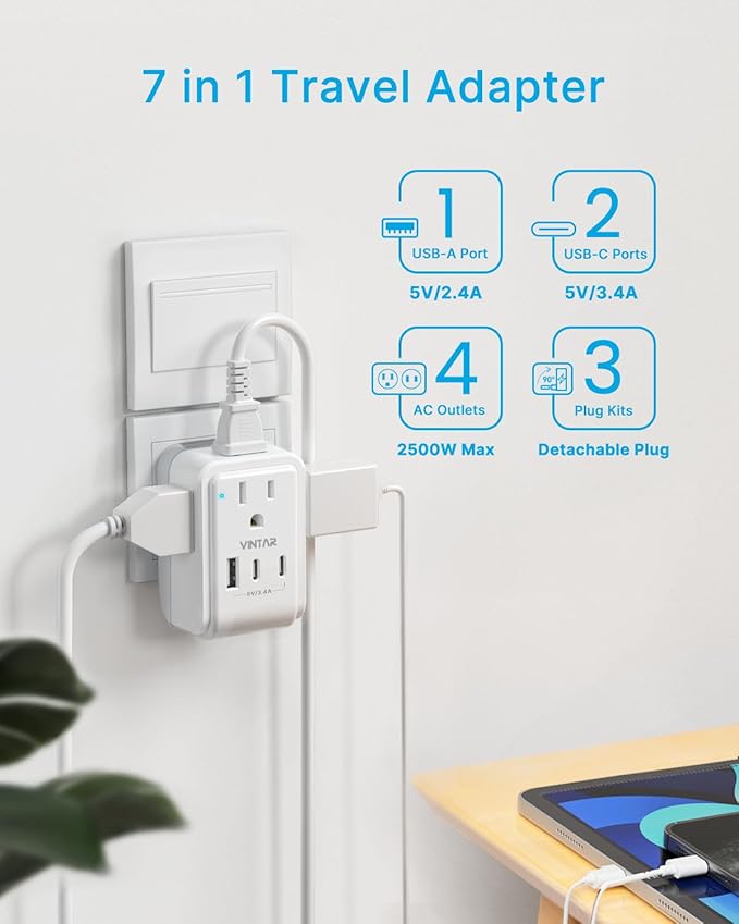 VINTAR European Travel Plug Adapter Kit, Adapter for Europe Plug with 3 USB Ports (2 USB C) 4 AC Outlets, Type C,G,E/F Detachable Attachments, International Power Adapter for Europe UK France Italy