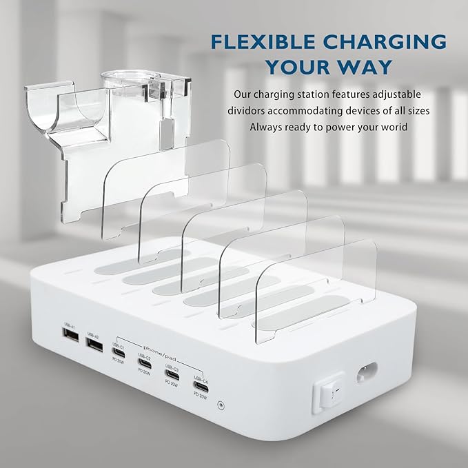 USB C Charging Station for Multiple Devices Apple,100W 4 PD and 2 USB Charger Stations Compatible with Apple iPhone iPad and Android Phone and Tablet,Type C Multi Charging Station