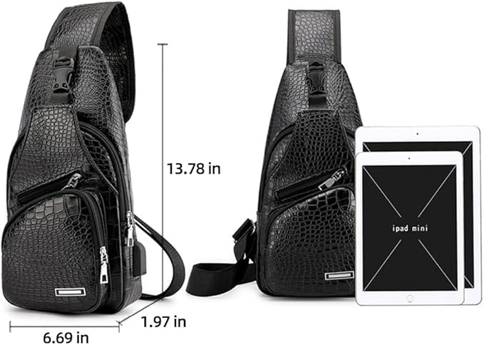 Peicees Leather Sling Bag Mens Crossbody Bag Chest Bag Sling Backpack for Men with USB Charge Port