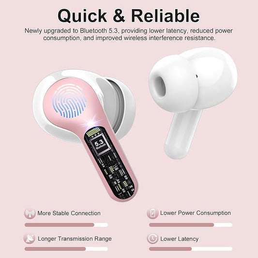 Wireless Earbuds, Bluetooth 5.4 Headphones HiFi Stereo, Bluetooth Earbuds with ENC Noise Cancelling Mic, IP7 Waterproof in Ear Earphones, 48H, LED Display Ear buds for Pad Phone Workout Sports, Pink