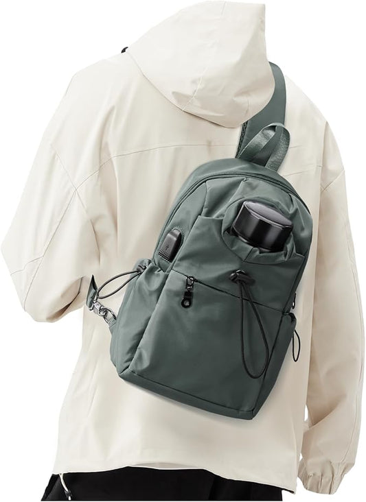 Small Green Sling Crossbody Backpack Shoulder Bag for Men Women - Mini One Strap Sling Bag Fanny Pack Daypack, Waterproof Nylon Chest Bag for Motorcycle Hiking Travel Gym Sport